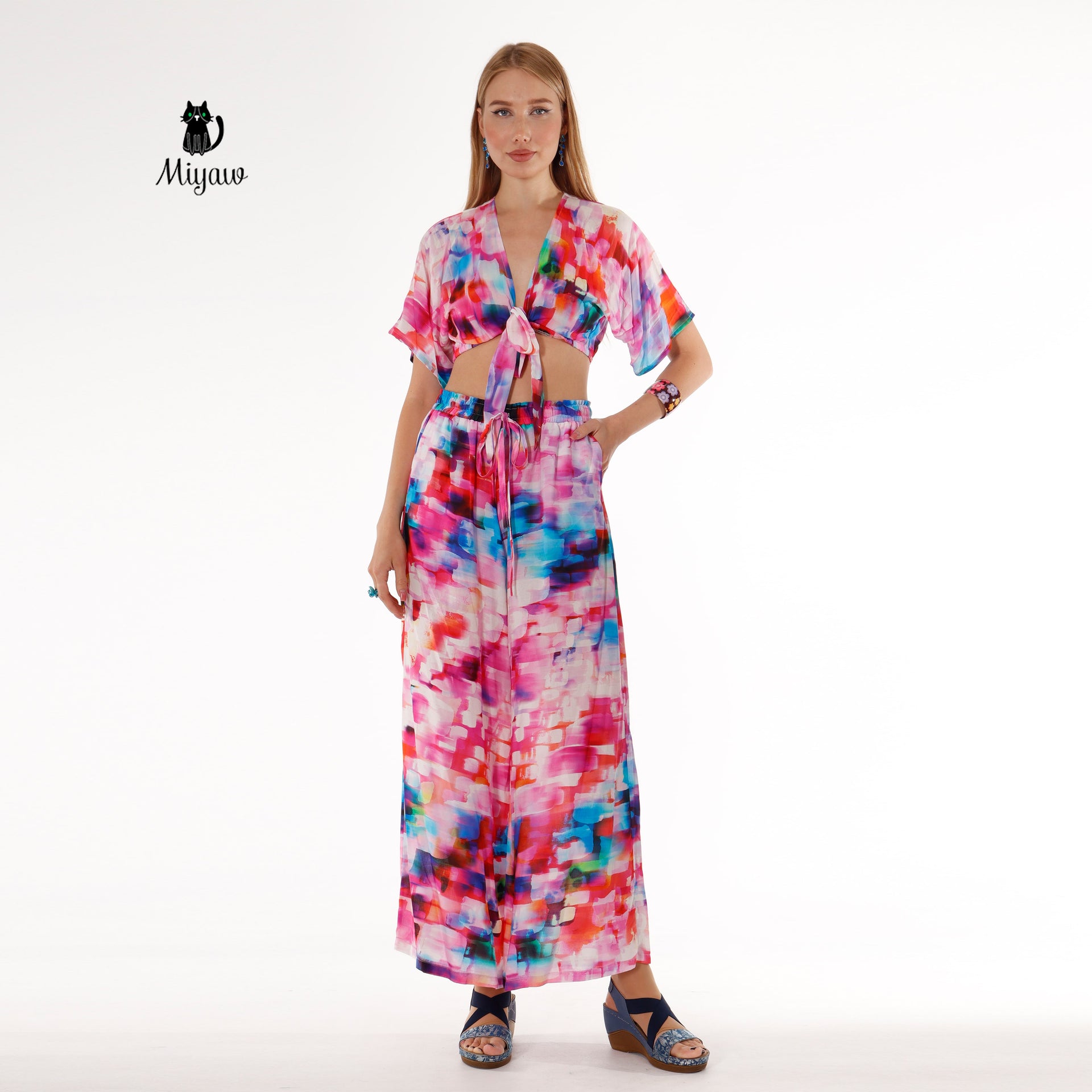 Pink Resort Style Set - Boho Crop Top and Wide Leg Pants - Miyawfashion