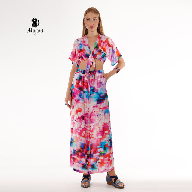 Pink Resort Style Set - Boho Crop Top and Wide Leg Pants - Miyawfashion