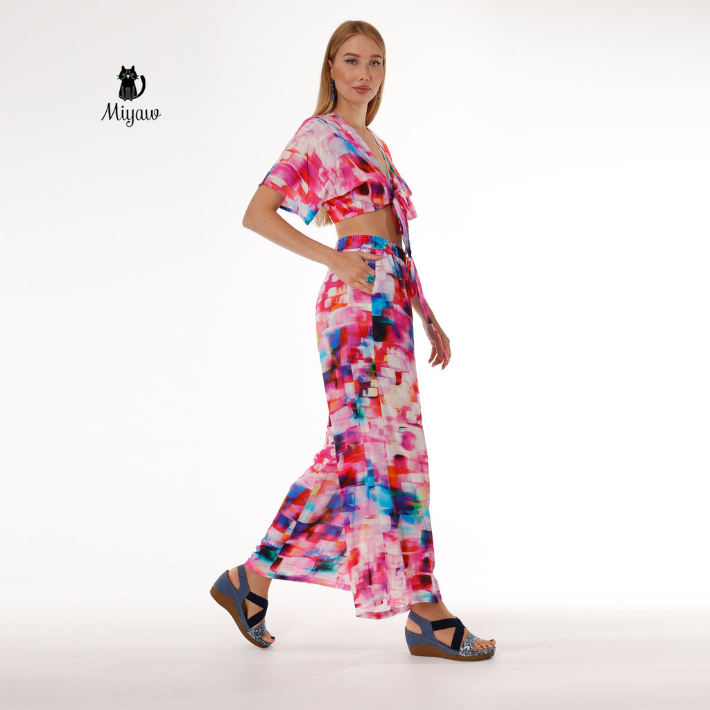 Pink Resort Style Set - Boho Crop Top and Wide Leg Pants - Miyawfashion