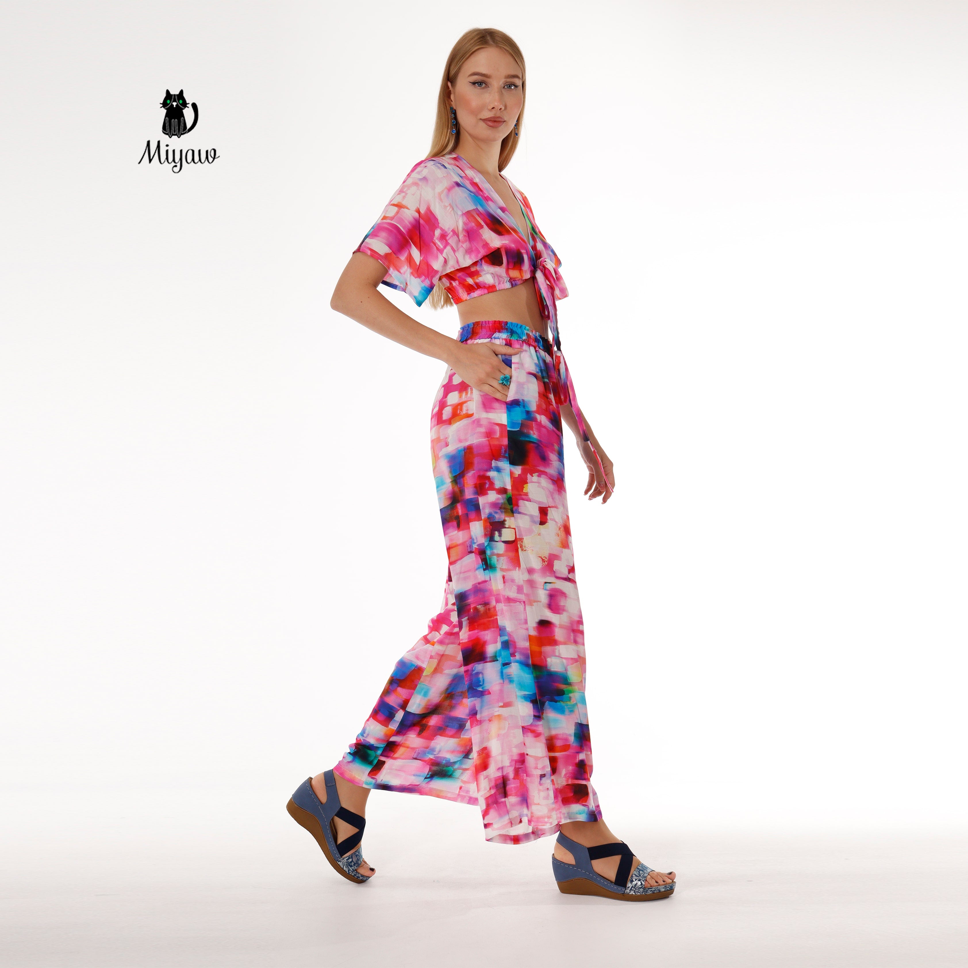 Pink Resort Style Set - Boho Crop Top and Wide Leg Pants - Miyawfashion
