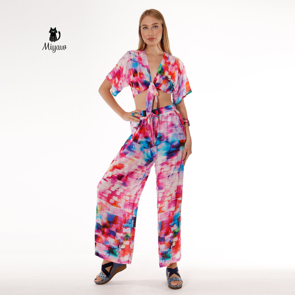 Pink Resort Style Set - Boho Crop Top and Wide Leg Pants - Miyawfashion