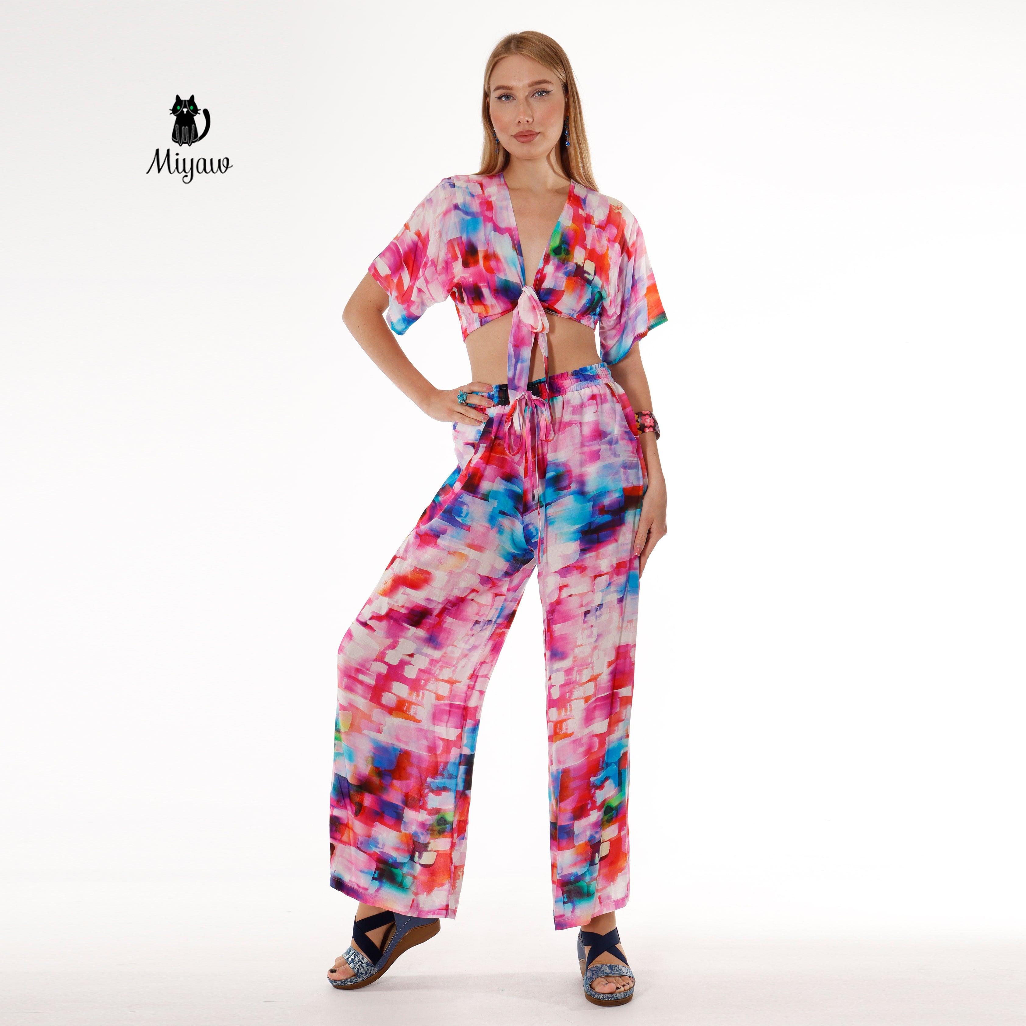 Pink Resort Style Set - Boho Crop Top and Wide Leg Pants - Miyawfashion