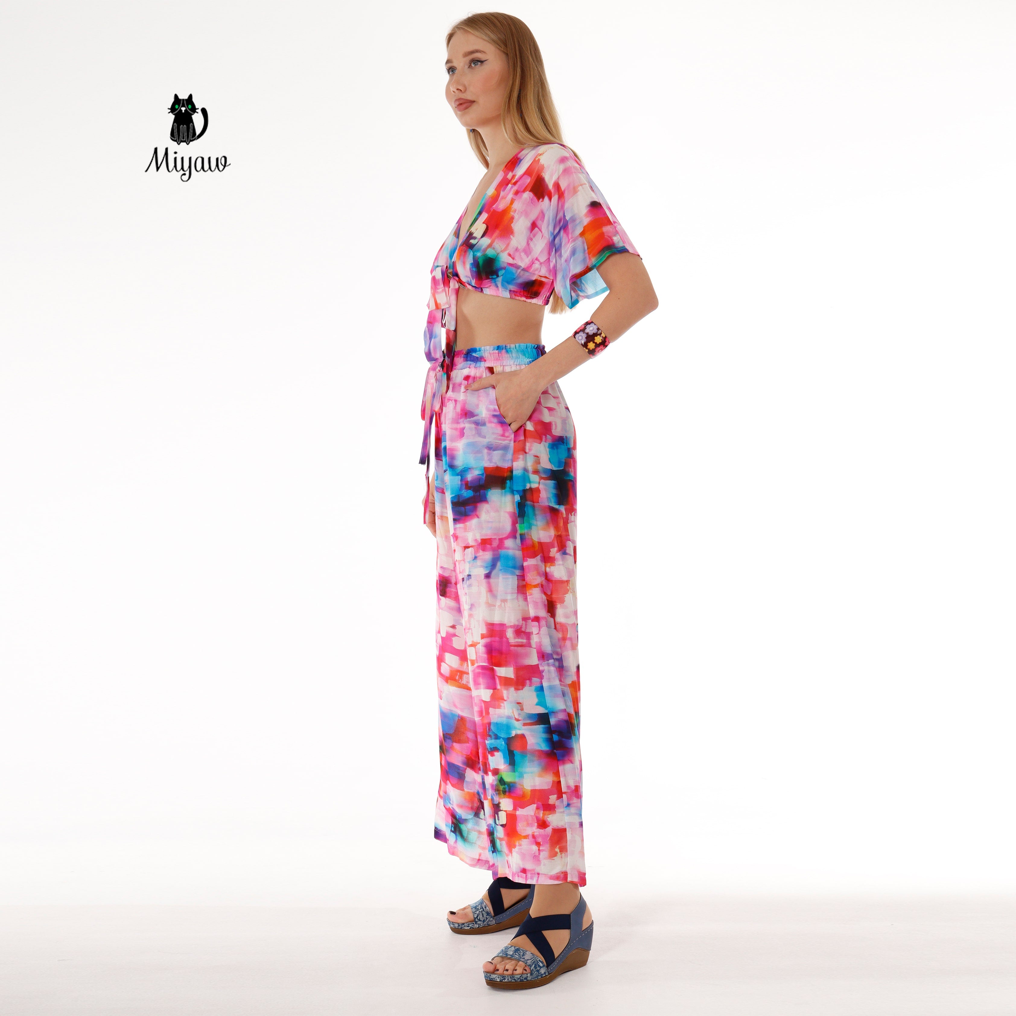Pink Resort Style Set - Boho Crop Top and Wide Leg Pants - Miyawfashion