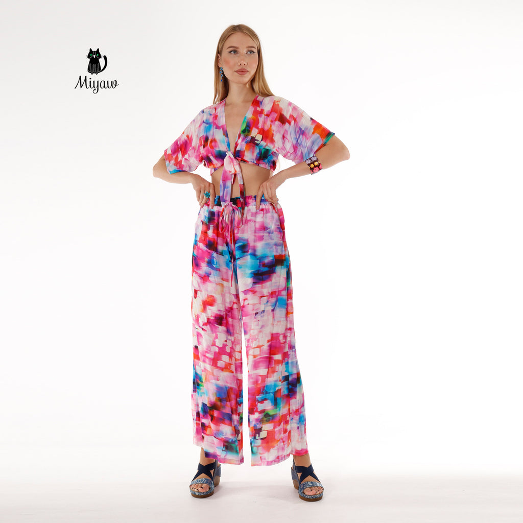 Pink Resort Style Set - Boho Crop Top and Wide Leg Pants - Miyawfashion