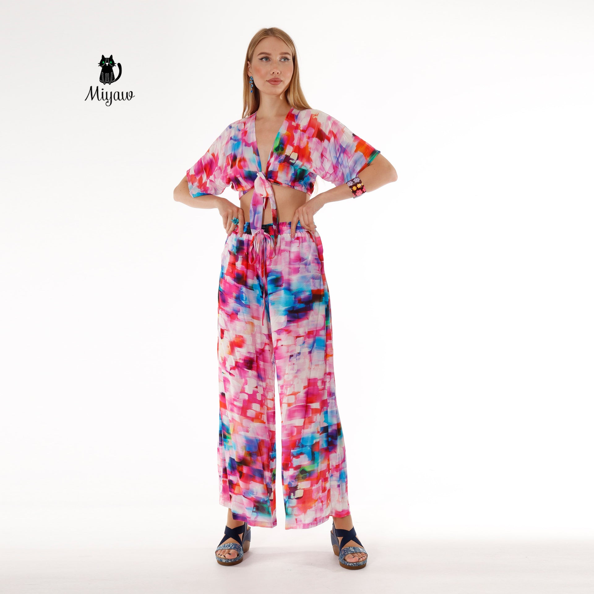 Pink Resort Style Set - Boho Crop Top and Wide Leg Pants - Miyawfashion
