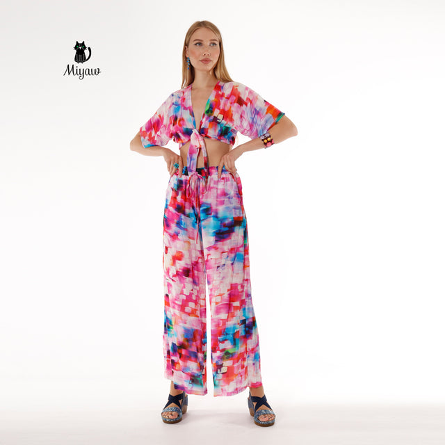 Pink Resort Style Set - Boho Crop Top and Wide Leg Pants - Miyawfashion