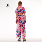 Pink Resort Style Set - Boho Crop Top and Wide Leg Pants - Miyawfashion