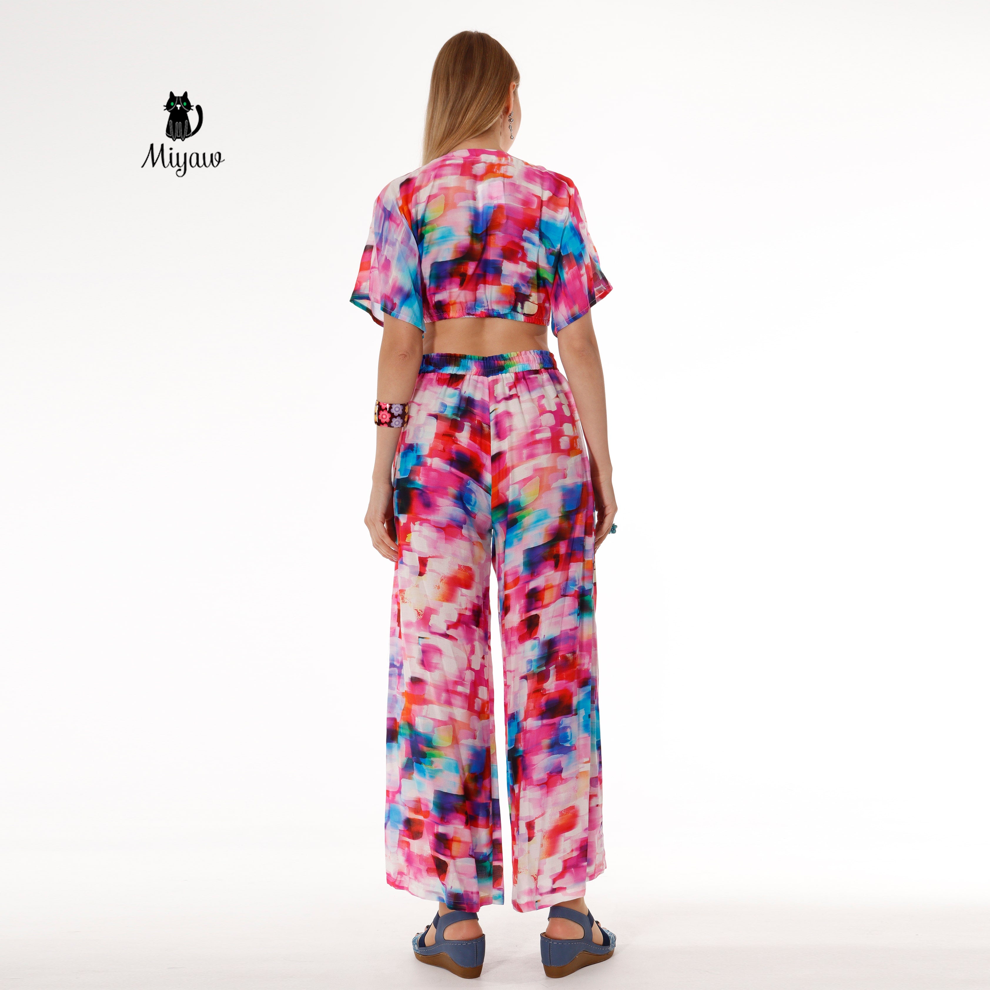Pink Resort Style Set - Boho Crop Top and Wide Leg Pants - Miyawfashion