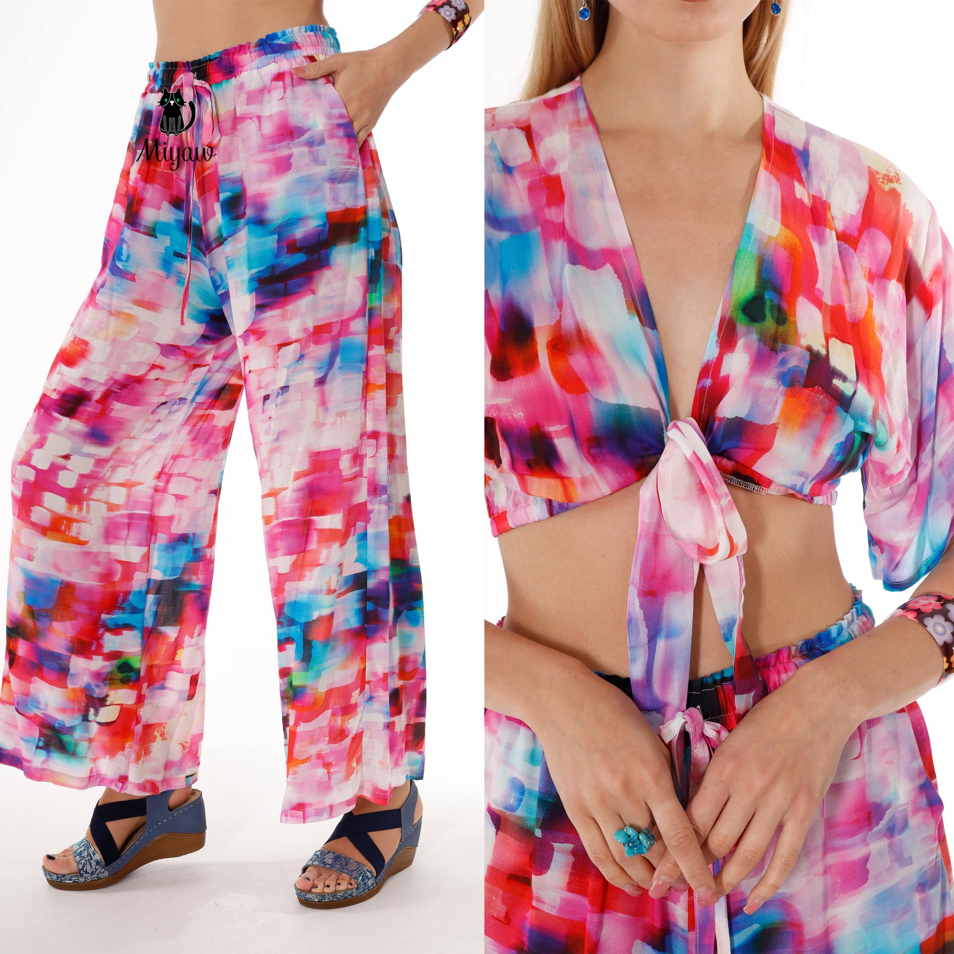 Pink Resort Style Set - Boho Crop Top and Wide Leg Pants - Miyawfashion
