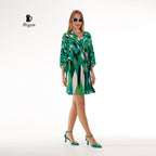 Whimsical V-Neck Mini Dress in Green with Abstract Print, Fairy Style - Miyawfashion