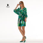 Whimsical V-Neck Mini Dress in Green with Abstract Print, Fairy Style - Miyawfashion