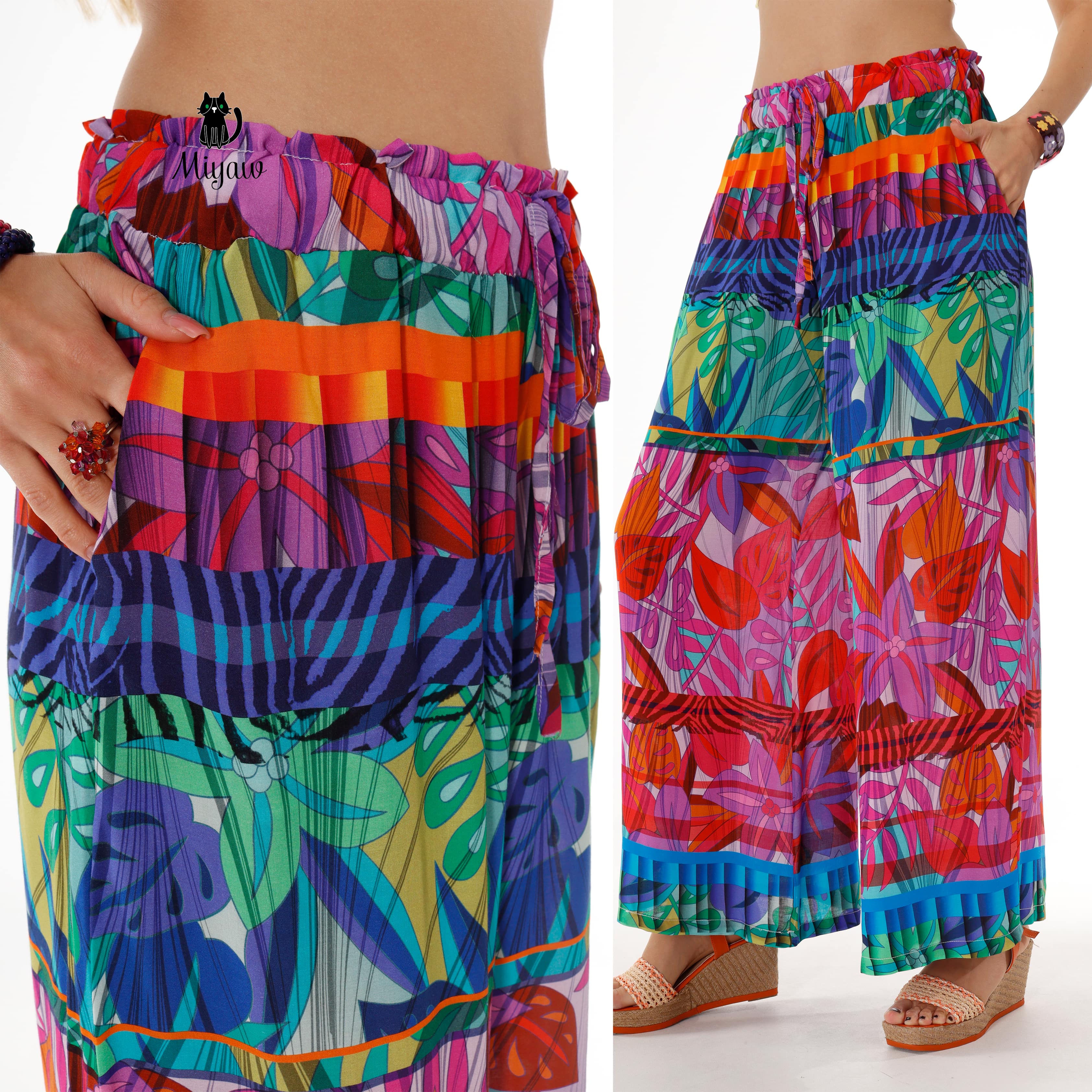 Boho Chic Style: Colorful Wide Leg Women's Festival Pants - Miyawfashion