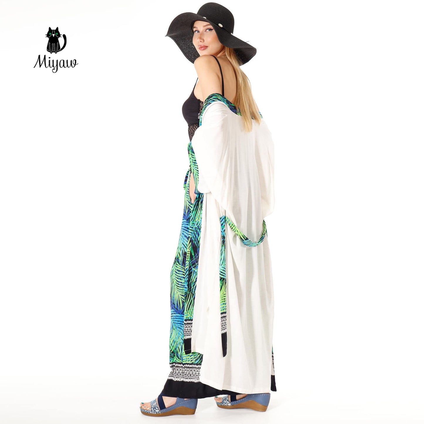 White Linen Kimono Robe, Boho Linen Tops for Festival Outfits Miyawfashion