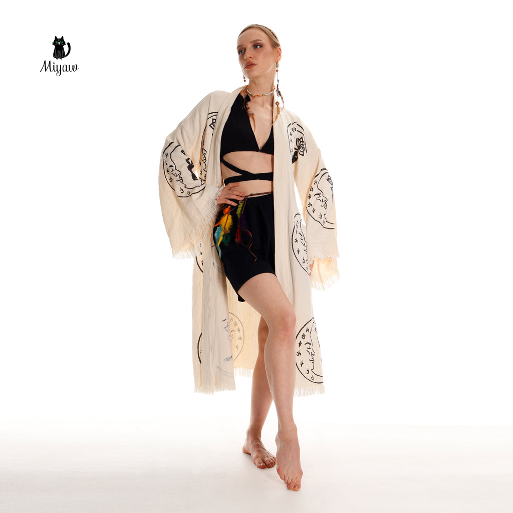 Boho Cotton Kimono Robe – Yoga Girl & Moon Stamp, Organic Loungewear