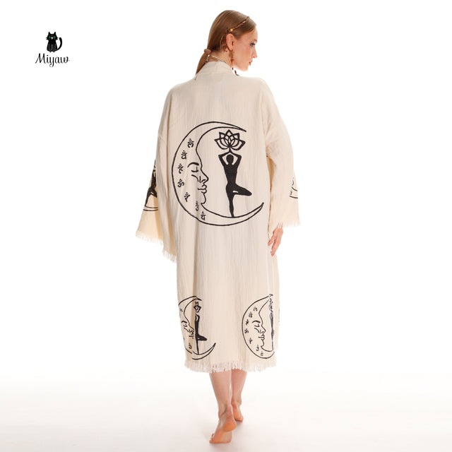 Boho Cotton Kimono Robe – Yoga Girl & Moon Stamp, Organic Loungewear