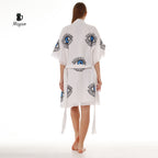 Cotton Short Sleeve Handmade Evil Eye Kimono Robe in White