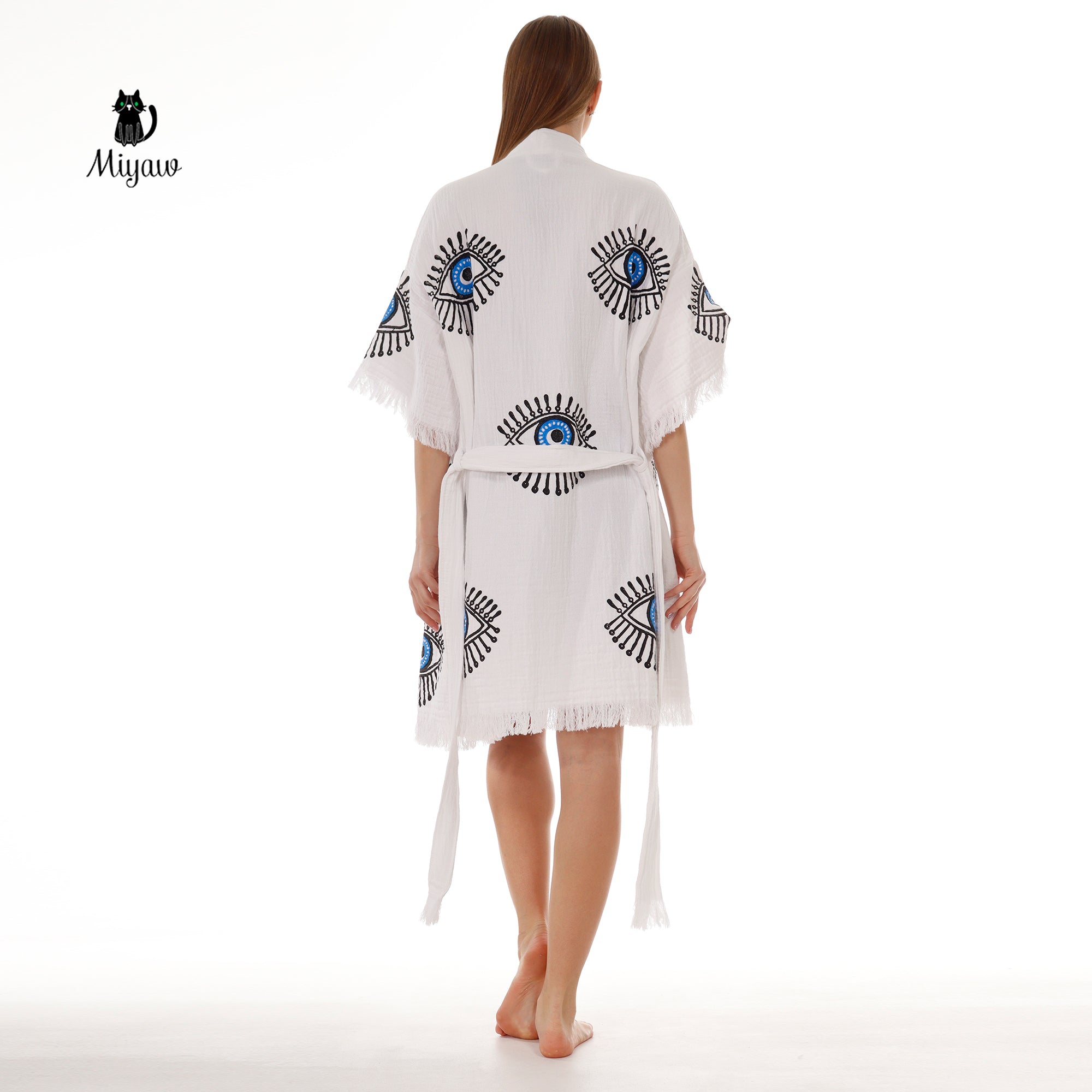 Cotton Short Sleeve Handmade Evil Eye Kimono Robe in White