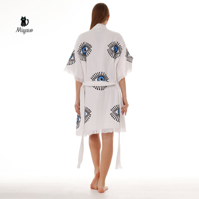 Cotton Short Sleeve Handmade Evil Eye Kimono Robe in White