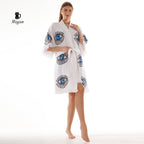 Cotton Short Sleeve Handmade Evil Eye Kimono Robe in White