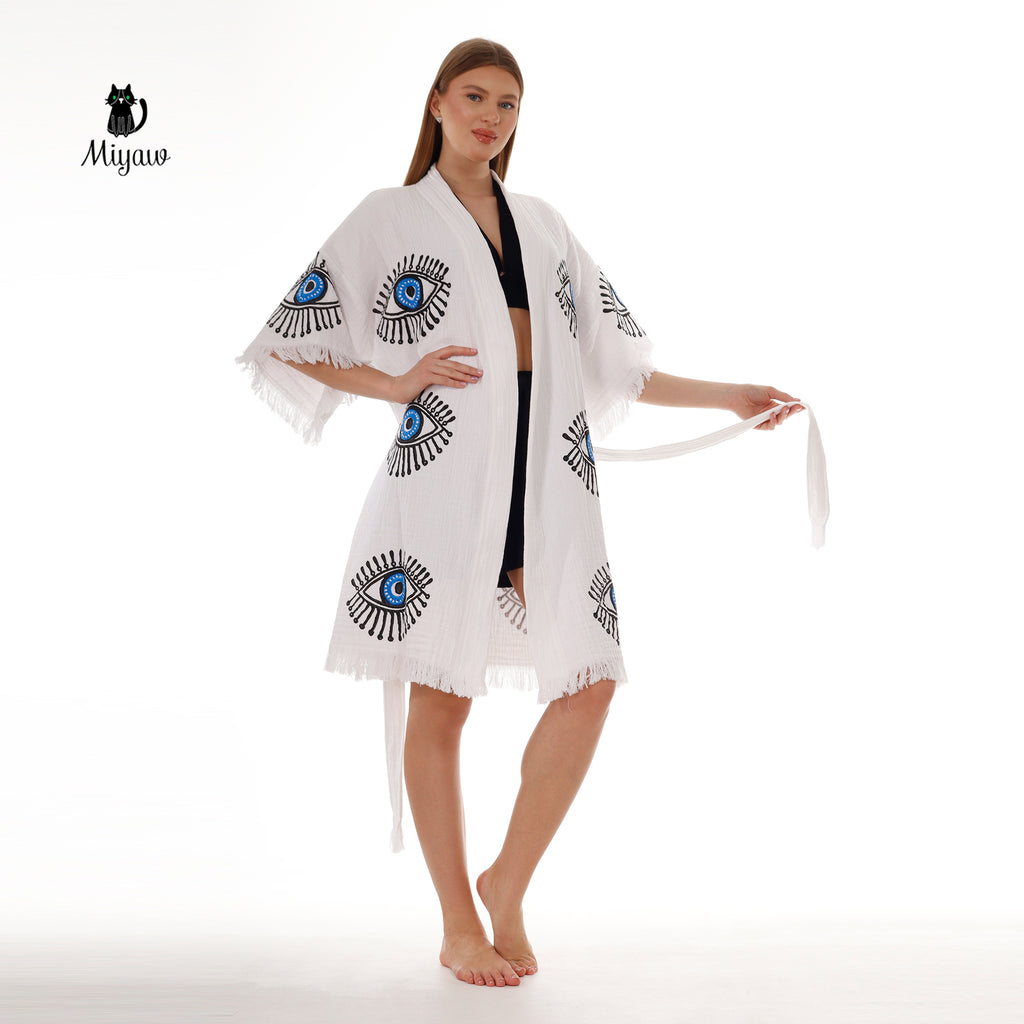 Cotton Short Sleeve Handmade Evil Eye Kimono Robe in White