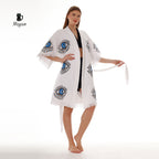 Cotton Short Sleeve Handmade Evil Eye Kimono Robe in White