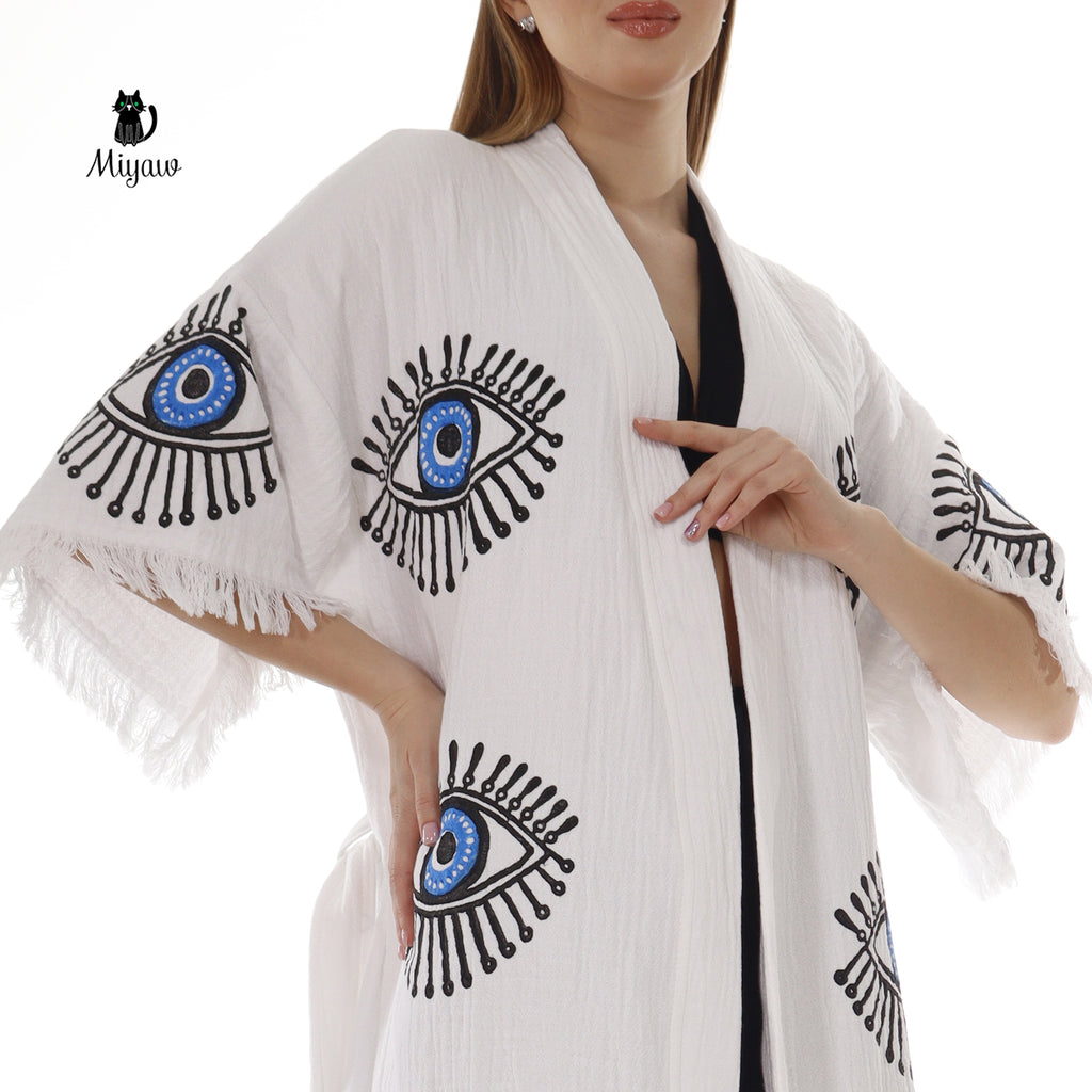 Cotton Short Sleeve Handmade Evil Eye Kimono Robe in White