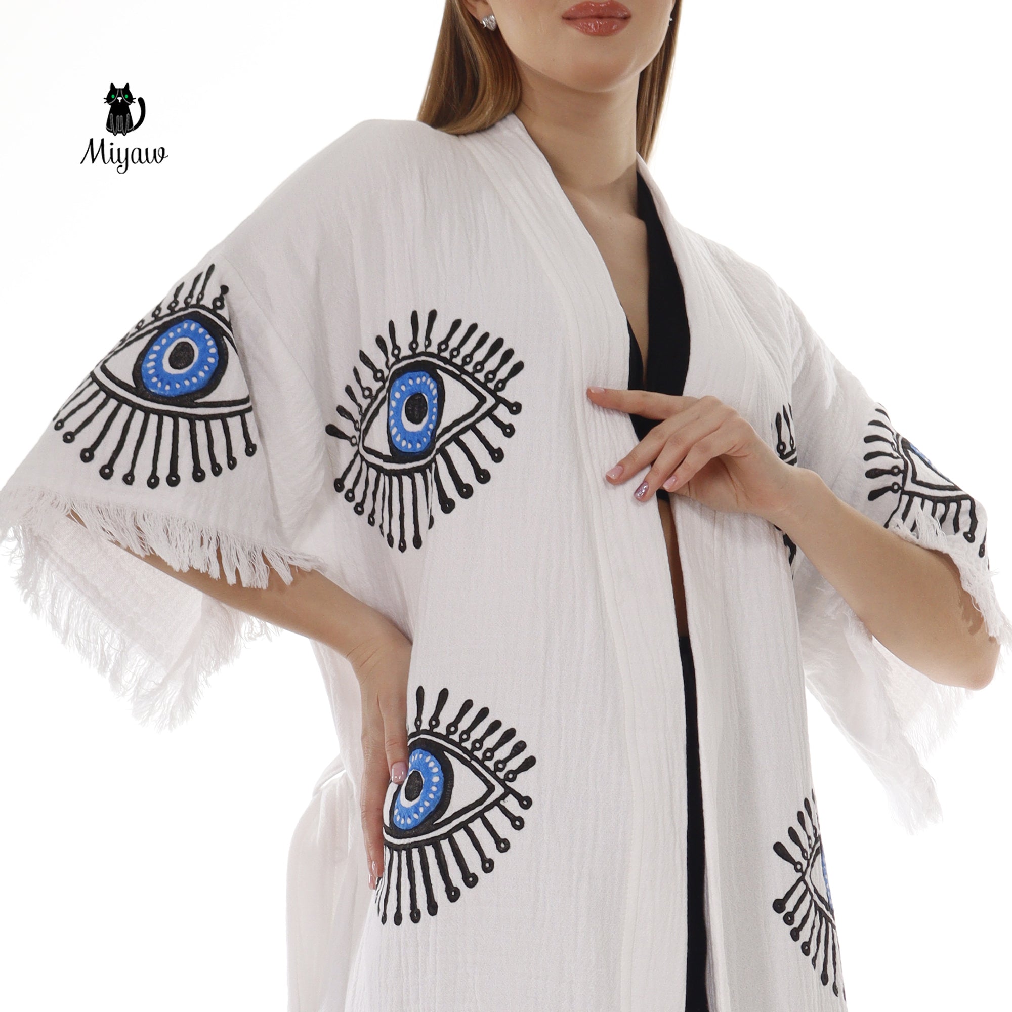 Cotton Short Sleeve Handmade Evil Eye Kimono Robe in White