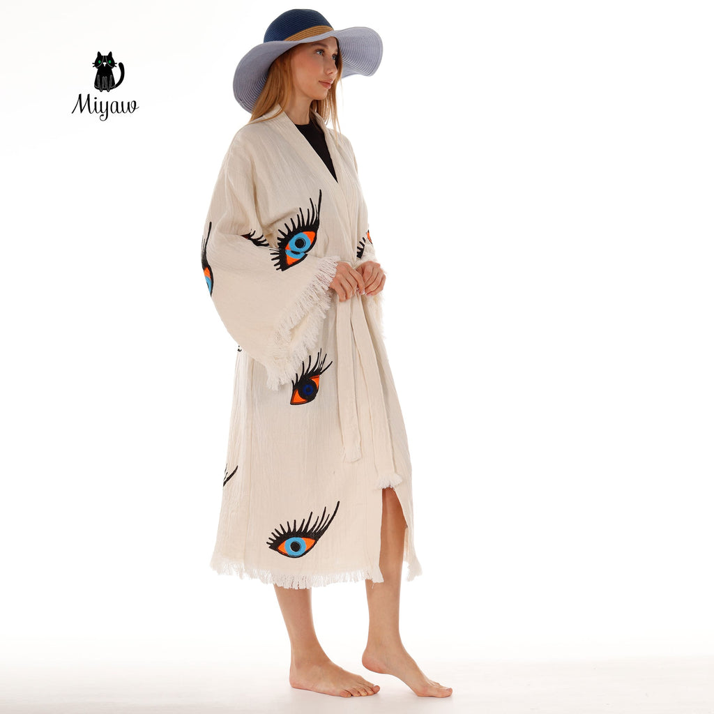 Organic Cotton Evil Eye Kaftan, Kimono Robe for Home