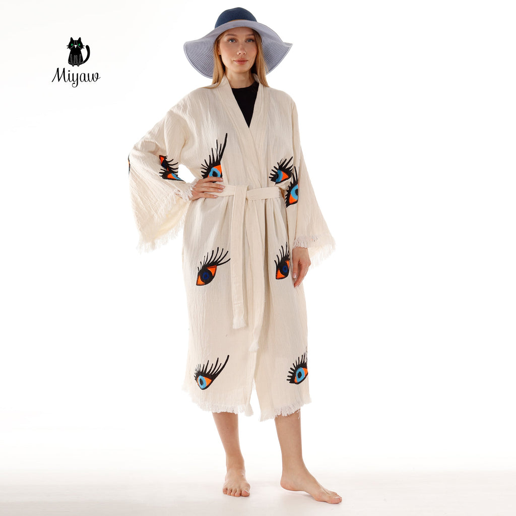 Organic Cotton Evil Eye Kaftan, Kimono Robe for Home