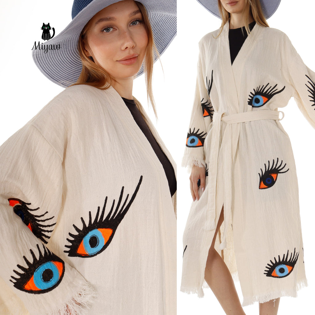 Organic Cotton Evil Eye Kaftan, Kimono Robe for Home