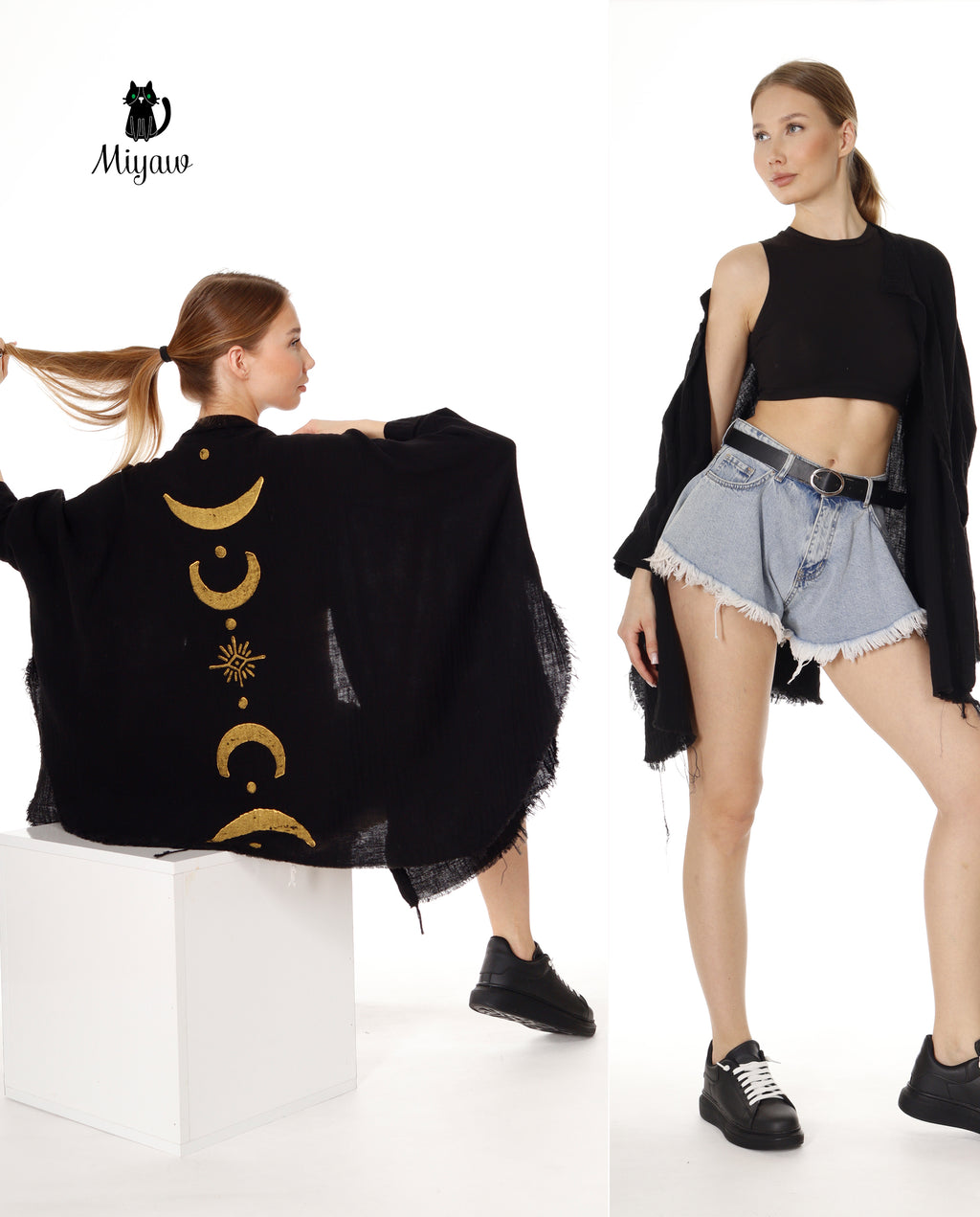 Black Moon Phase Cotton Beach Cover Up Poncho