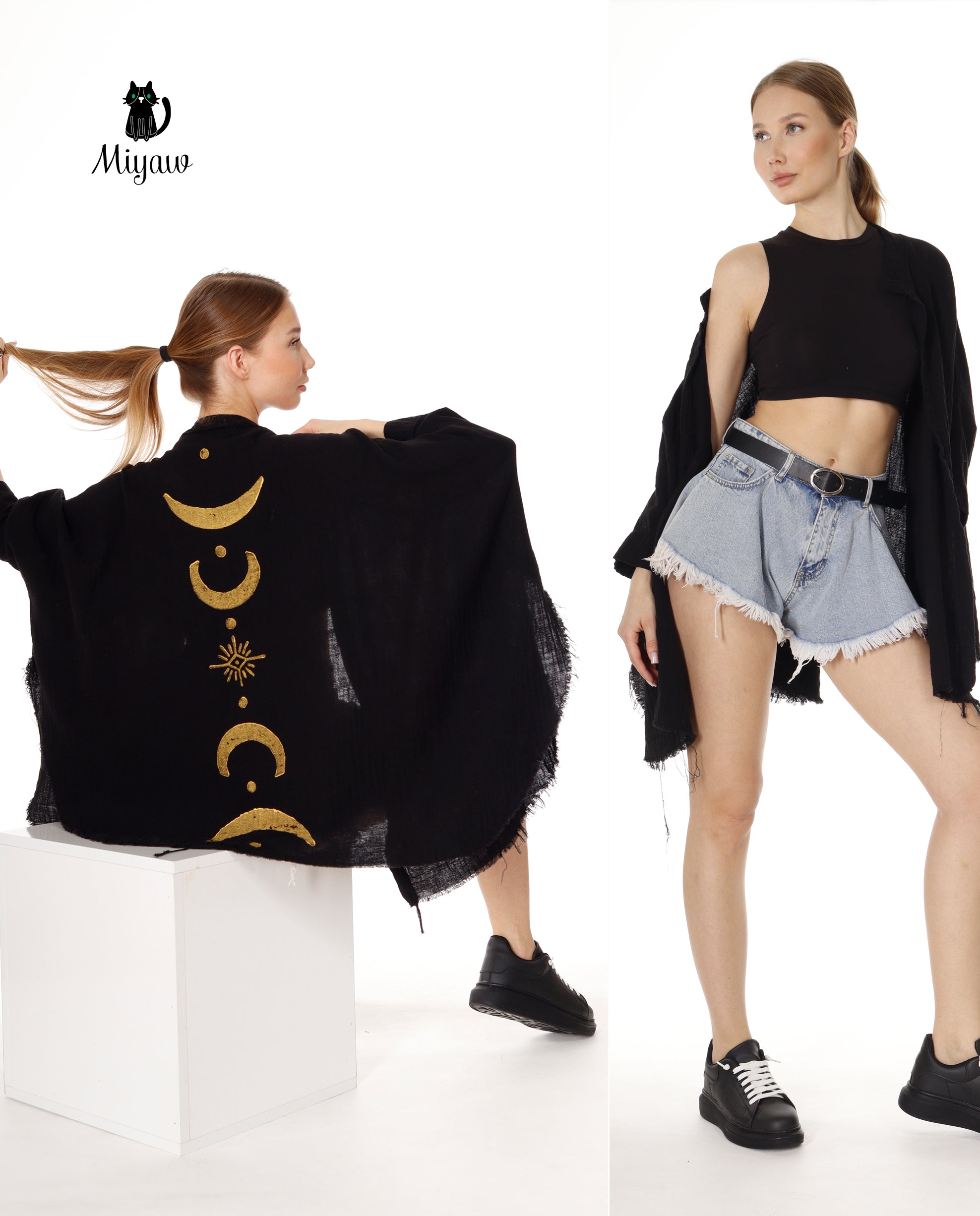 Black Moon Phase Cotton Beach Cover Up Poncho