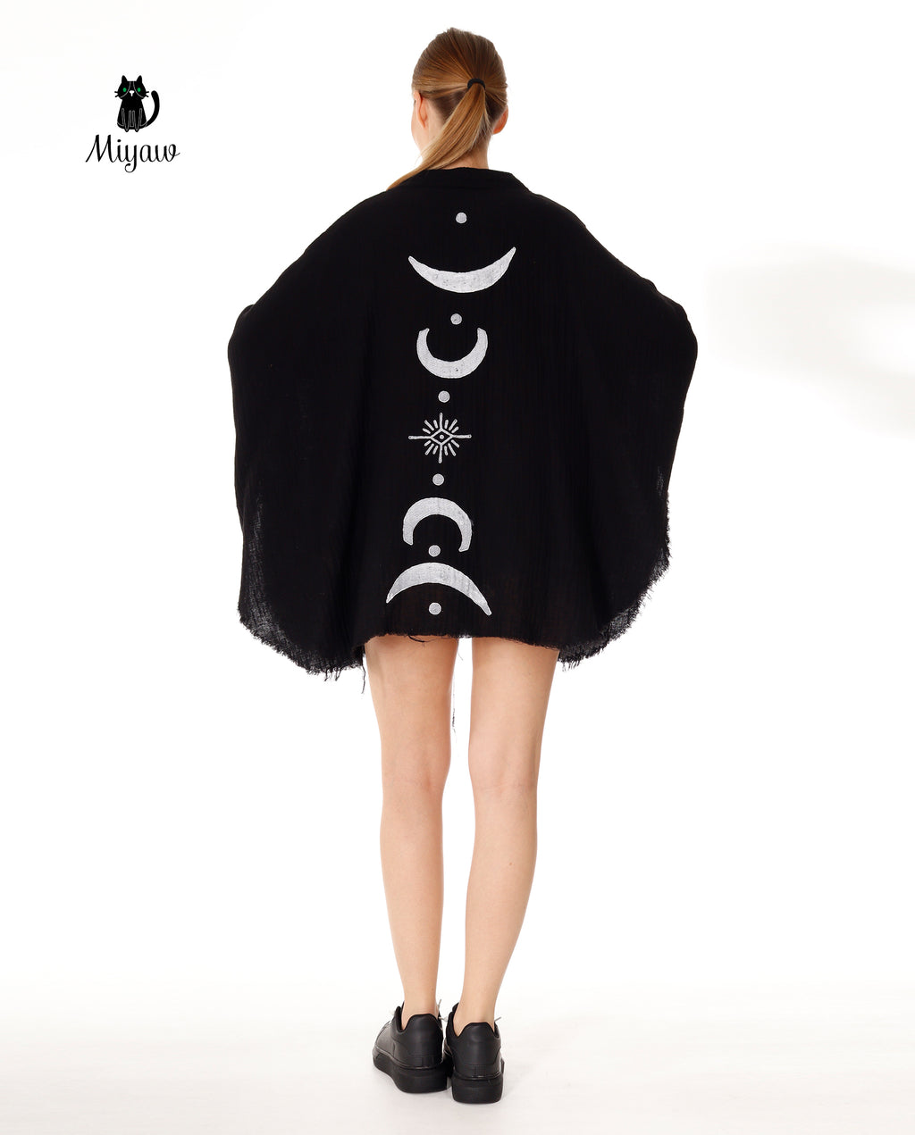 Black Silver Moon Phase Cotton Beach Cover Up Poncho