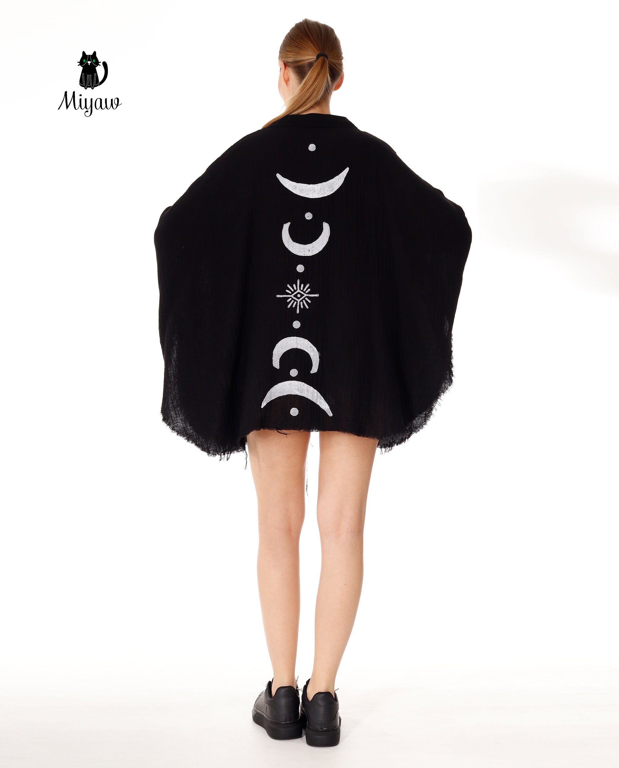 Black Silver Moon Phase Cotton Beach Cover Up Poncho