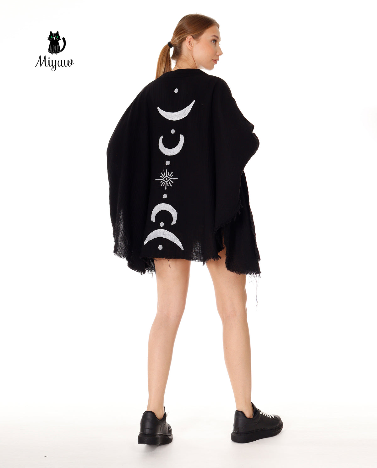 Black Silver Moon Phase Cotton Beach Cover Up Poncho