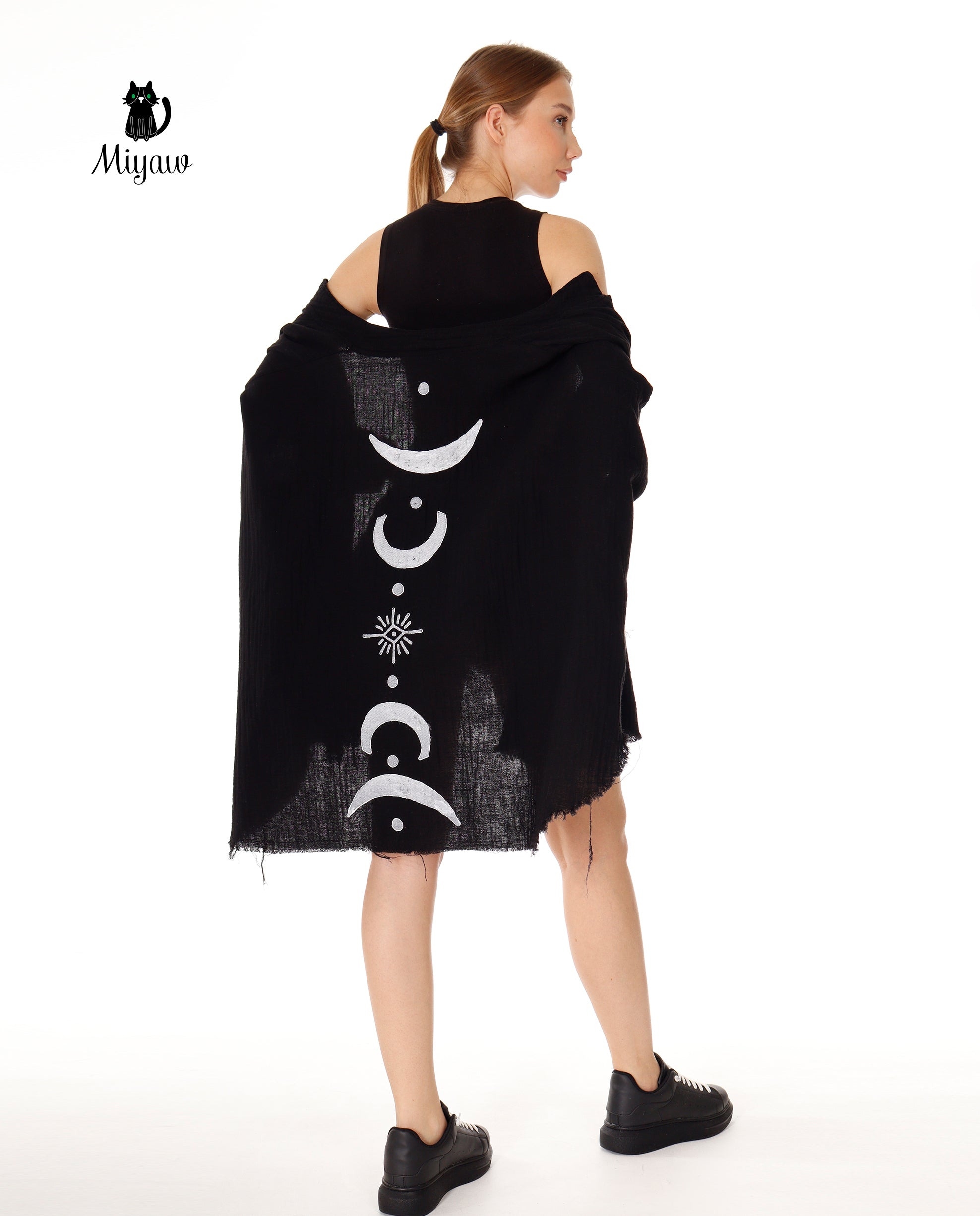 Black Silver Moon Phase Cotton Beach Cover Up Poncho