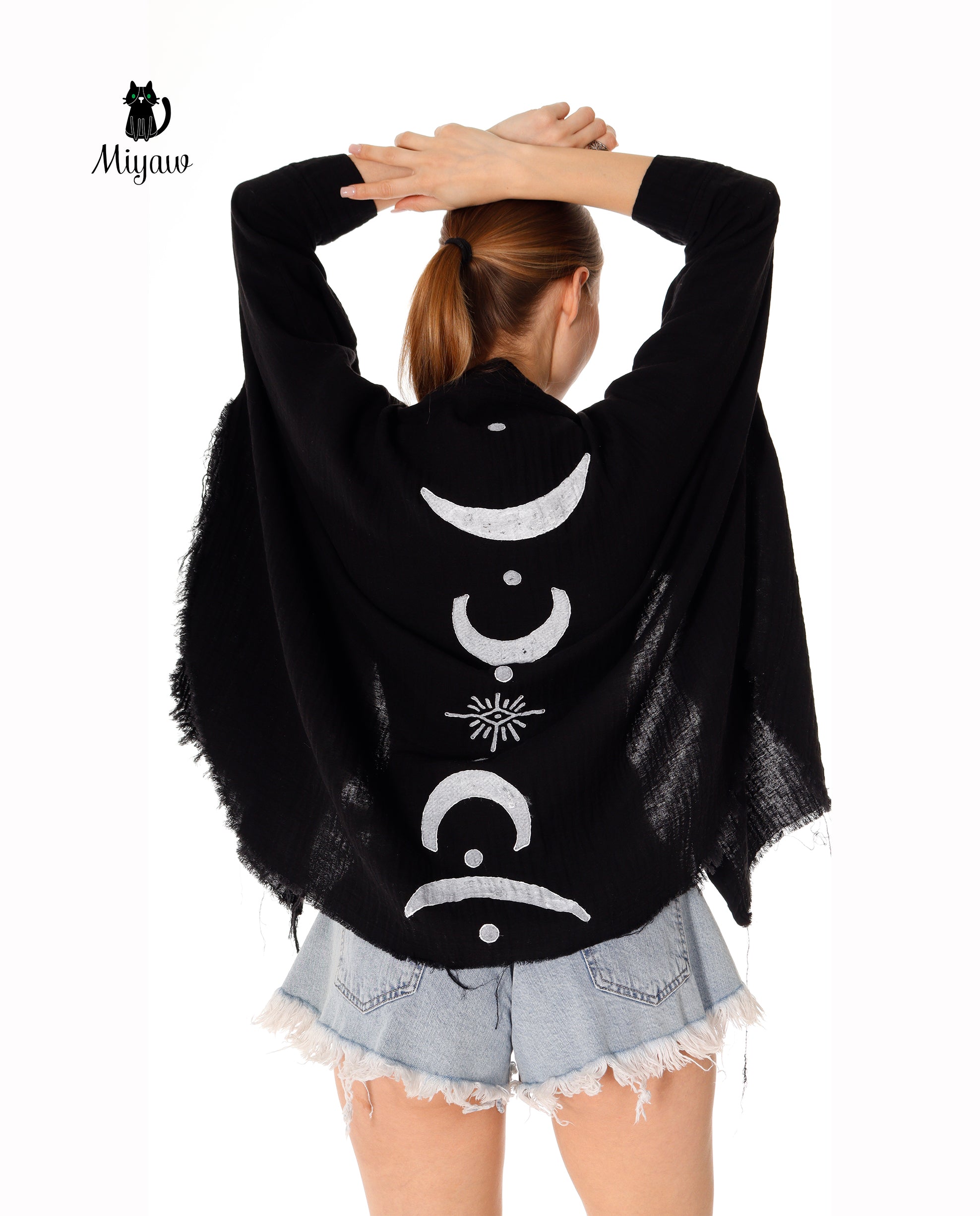 Black Silver Moon Phase Cotton Beach Cover Up Poncho