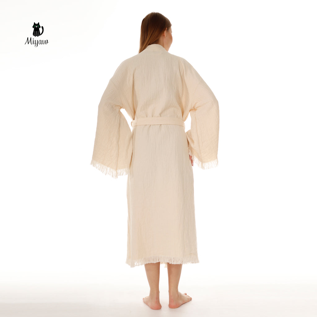 Bohemian Cotton Plain Kaftan Kimono with Fringes