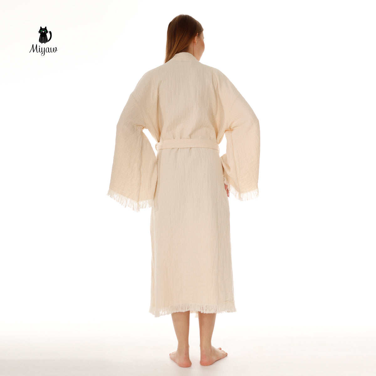 Bohemian Cotton Plain Kaftan Kimono with Fringes