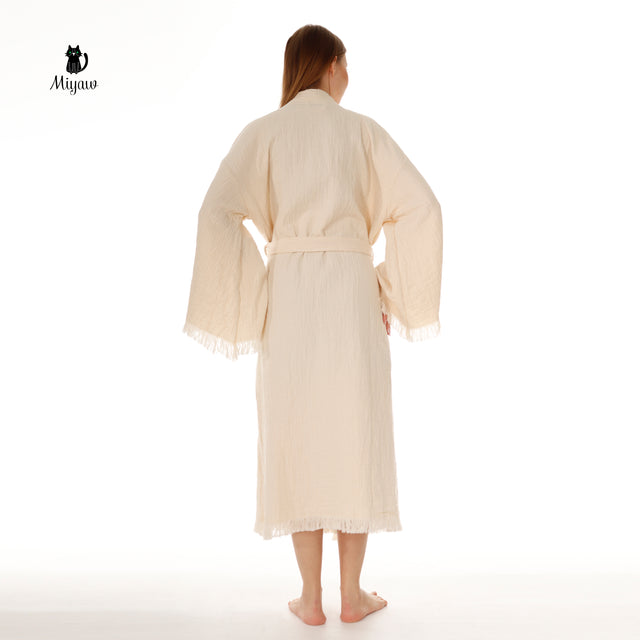 Bohemian Cotton Plain Kaftan Kimono with Fringes