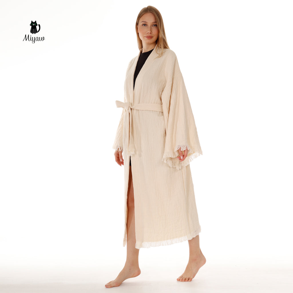 Bohemian Cotton Plain Kaftan Kimono with Fringes