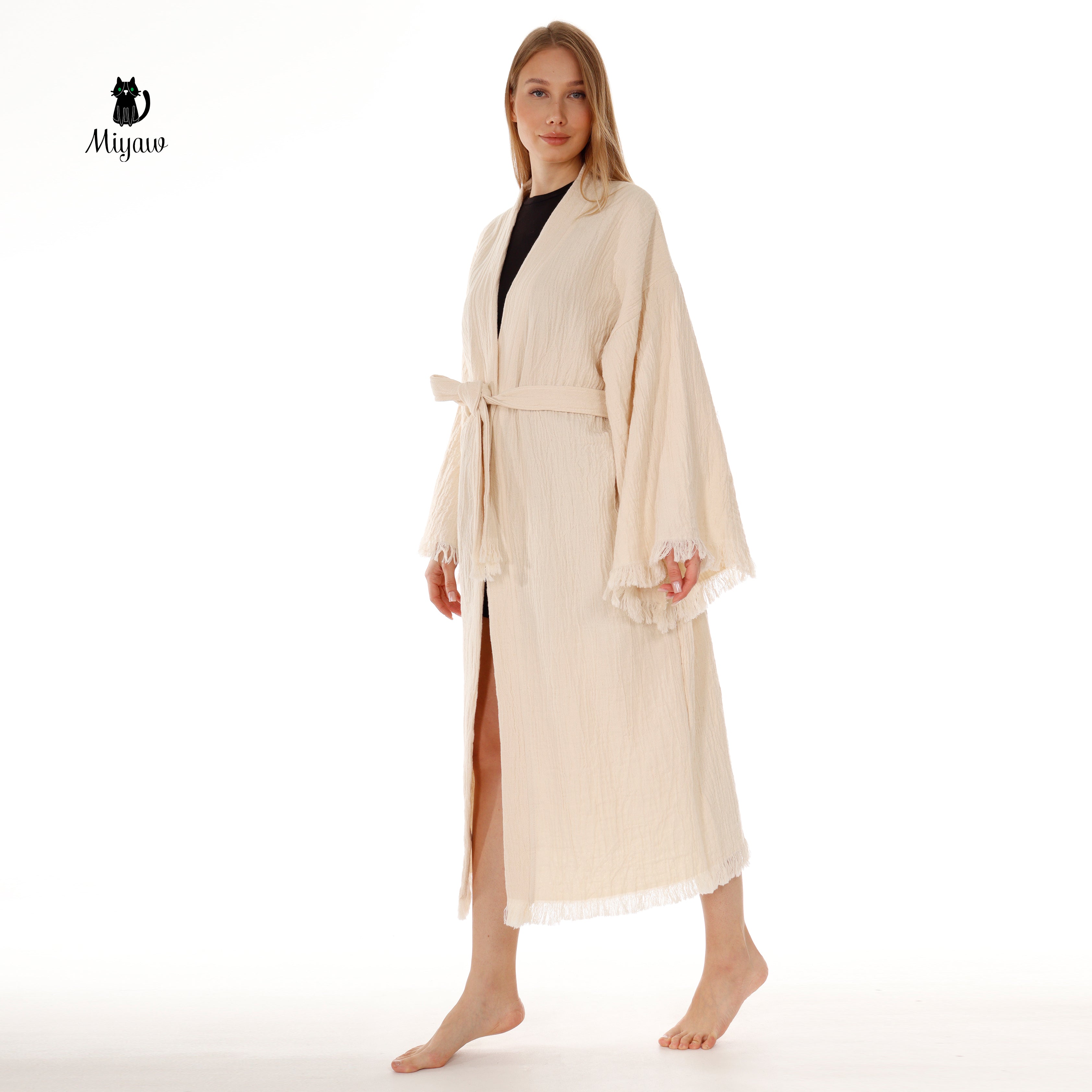 Bohemian Cotton Plain Kaftan Kimono with Fringes