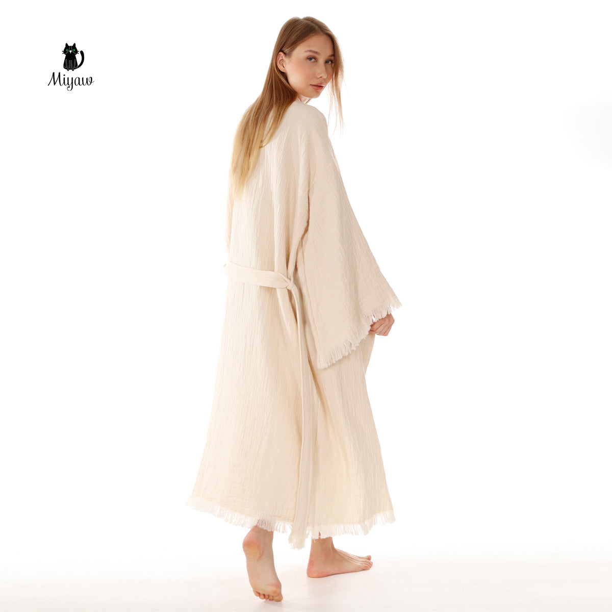 Bohemian Cotton Plain Kaftan Kimono with Fringes