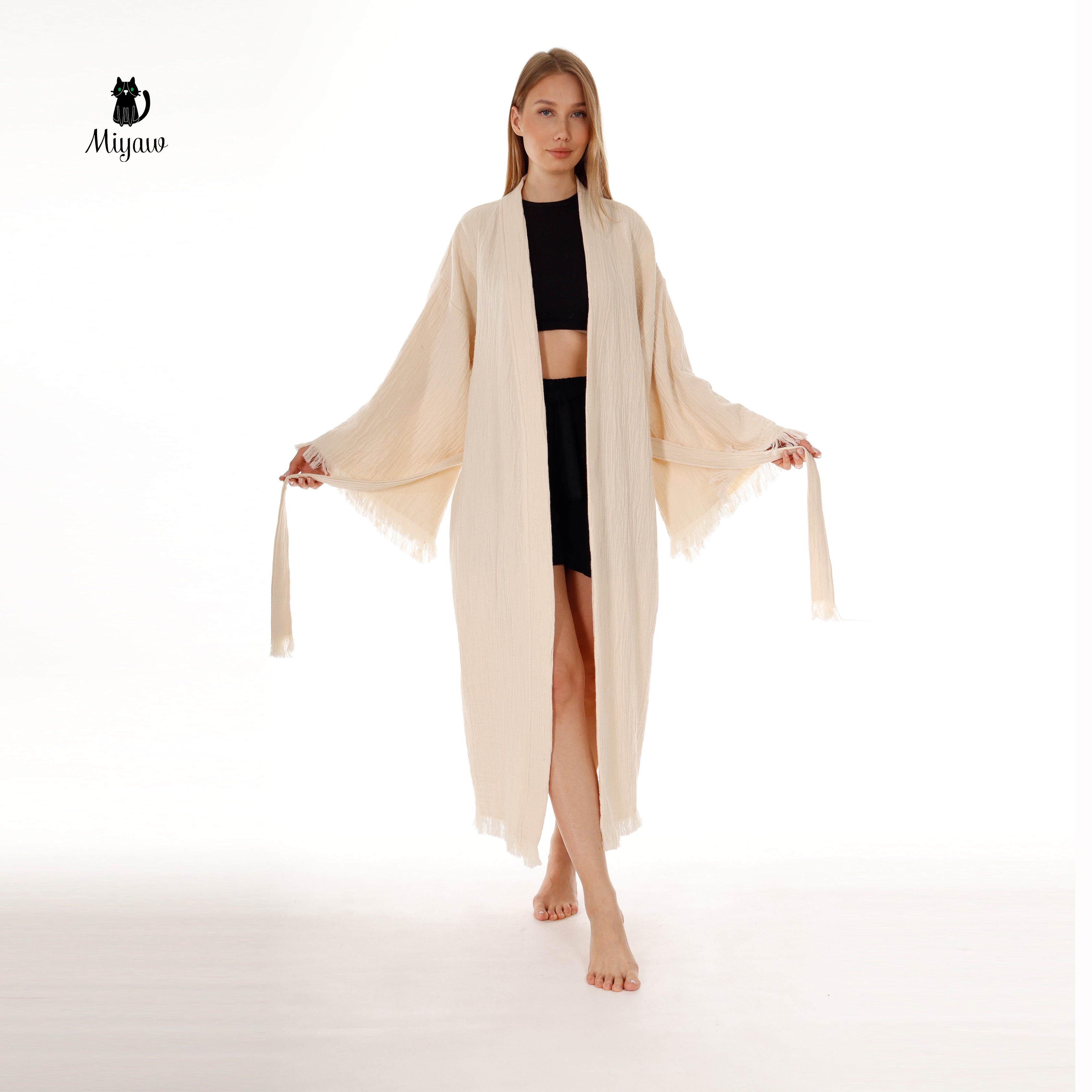 Bohemian Cotton Plain Kaftan Kimono with Fringes