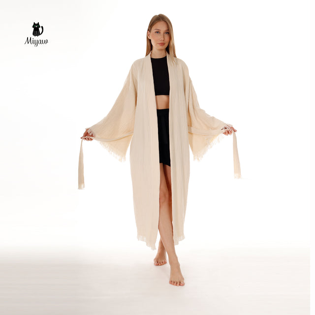 Bohemian Cotton Plain Kaftan Kimono with Fringes