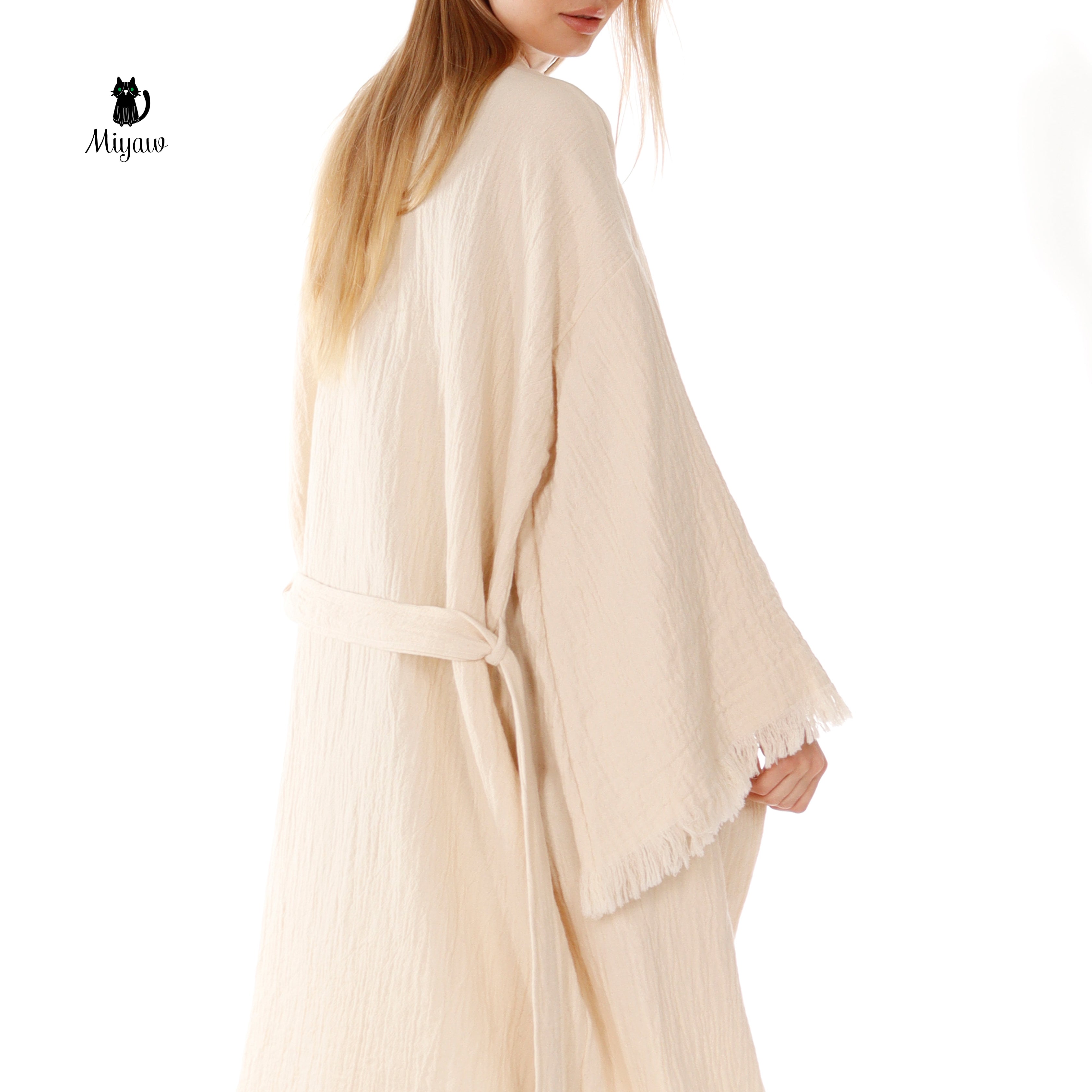 Bohemian Cotton Plain Kaftan Kimono with Fringes
