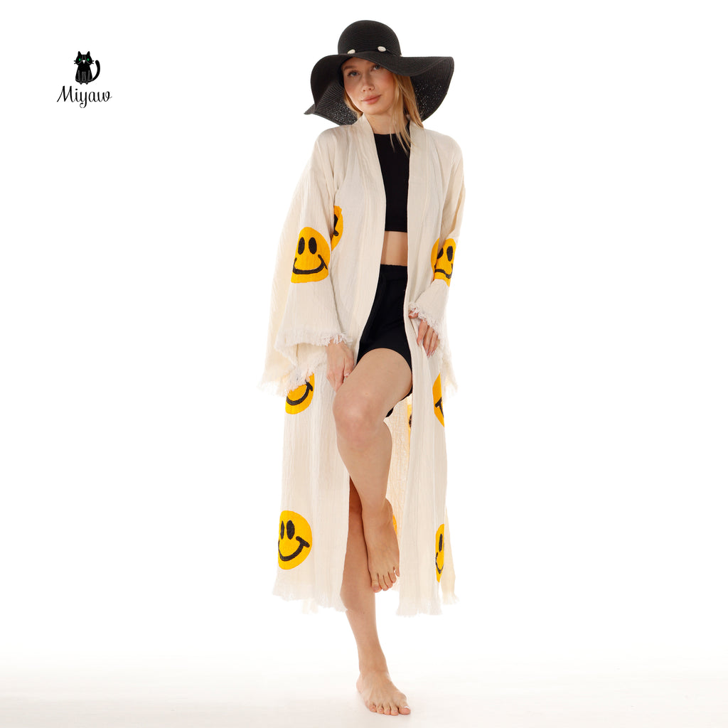 Wholesale Cotton Kimono Kaftan with Smiling Face – Boho Chic