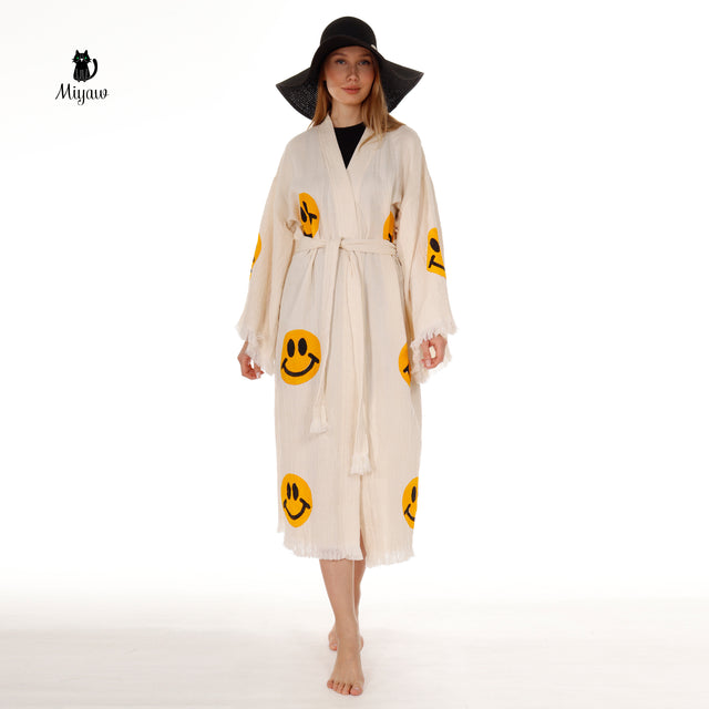Wholesale Cotton Kimono Kaftan with Smiling Face – Boho Chic