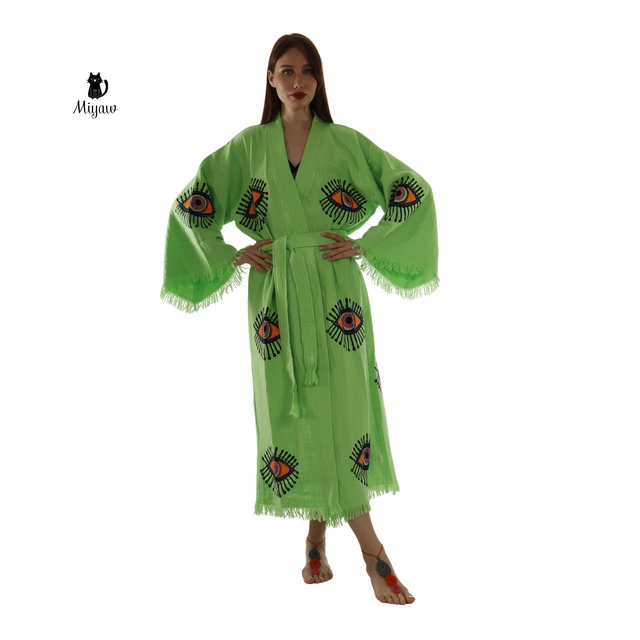Wholesale Neon Eye Organic Cotton Kimono Robe – Handmade