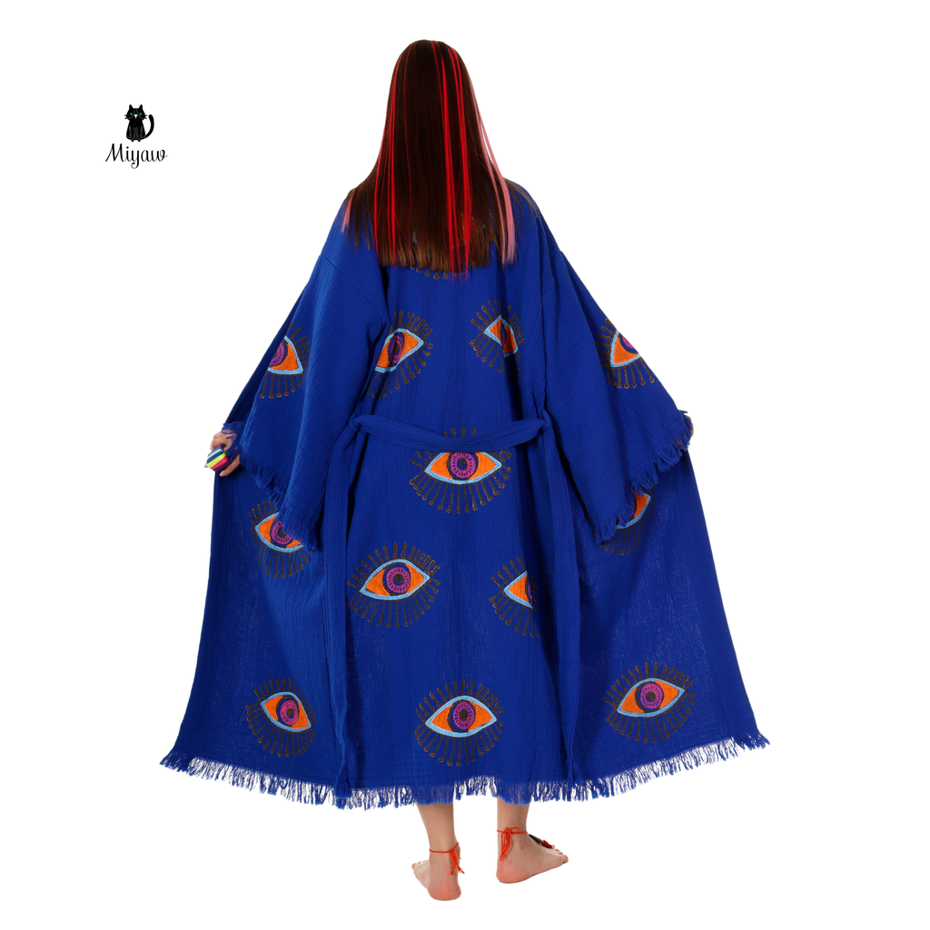 Handmade Blue Protective-eye Kimono Robe for Resort